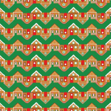 Gingerbread houses in traditional red and green in a zigzag horizontal stripe creating a seamless pattern print great for home or kitchen decor, quilt and apparel fabrics, or paper products. clipart