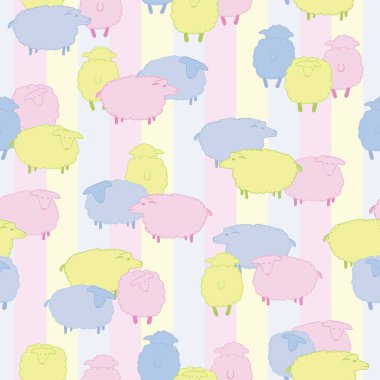 Sarı, pembe ve mavi renkli sarı, pembe ve mavi renkli koyunların bebek tasarımı ev ya da mutfak dekoru, yorgan ve giysi kumaşları ya da