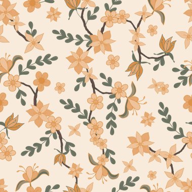 Şekil verilmiş sarı kireç, bal sarısı ve pastel hardal sarı çiçekler soluk tereyağlı sarı arka planda sarmaşıklar ev ya da mutfak dekorasyonu için mükemmel kusursuz bir desen yaratıyor.