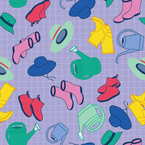 Kauçuk botlar, güneş şapkaları ve kafes desenli lavanta arkaplanındaki sulama kutularından oluşan renkli bir koleksiyon ev ya da oda dekorasyonu, yorgan ve giysi için mükemmel kusursuz bir desen yaratıyor.