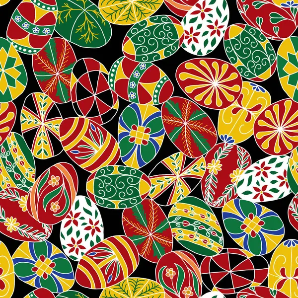 Renkli El Çizimi Ukrayna Paskalya Yumurtaları Siyah bir zemine sıkıca serpiştirilmiş ev ya da zanaat odası dekorasyonu, yorgan ve giysi kumaşları ya da kağıt ürünleri için mükemmel kusursuz bir iz bırakıyor..