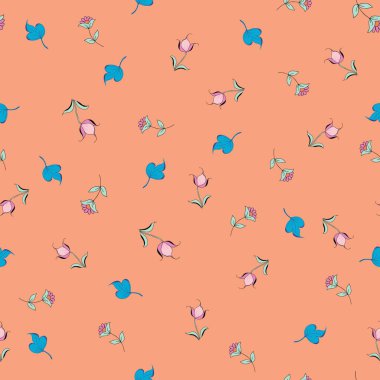 Şeftali turuncusu arka planda bulunan Ditsy pastel pembe ve aqua mavi halk esinlenilmiş çiçekler ev ya da el sanatları odası dekoru, yorgan ve giysi kumaşları ya da kağıt ürünleri için mükemmel kusursuz bir desen oluşturur..