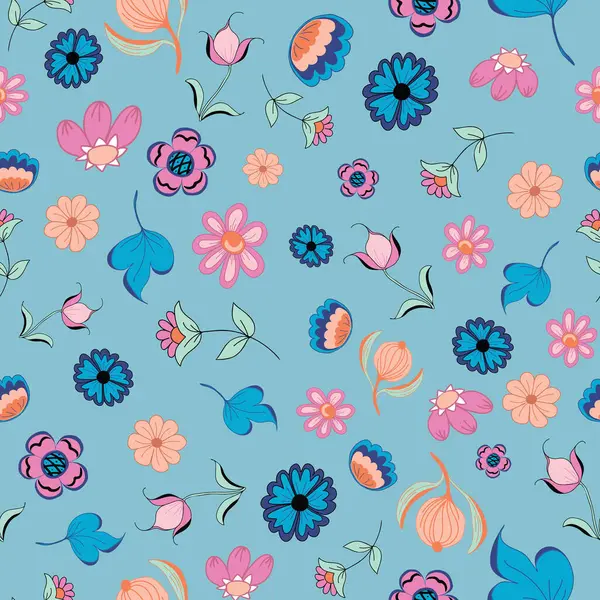 Renkli halk mavi bir zemine saçılmış çiçeklerden esinlenerek ev ya da zanaat odası dekorasyonu, yorgan ve giysi kumaşları ya da kağıt ürünleri için mükemmel kusursuz bir desen oluşturur..