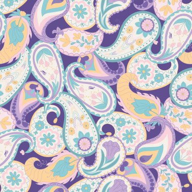 Mor menekşe arkaplan üzerinde sıkıca dağınık ve yönsüz bir şekilde yeni pastel paisleyler ev ya da oda dekorasyonu, yorgan ve giysi kumaşları ya da kağıt için mükemmel kusursuz bir iz bırakır.