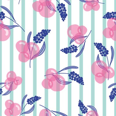 Lacivert lupinler, pastel pembe baloncuklar ve beyaz üzerinde deniz mavisi dikey çizgiler ev ya da oda dekorasyonu, yorgan ve giysi kumaşları ya da kağıt ürünleri için mükemmel bir desen oluşturur..