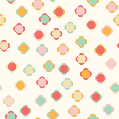 Dairelerden ve sessiz retro renklerdeki yarım dairelerden gelen soyut bir geometrik çiçek deseni ev veya oda dekorasyonu, yorgan ve giysi kumaşları veya kağıt ürünleri için mükemmel kusursuz bir desen oluşturur..