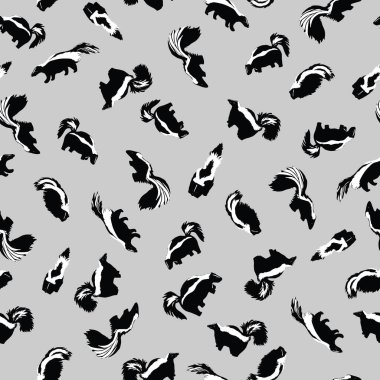 Şirin siyah ve beyaz kokarcalar gri üzerine yönsüz bir şekilde dağılmış ev ya da oda dekorasyonu, yorgan ve giysi kumaşları ya da kağıt ürünleri için mükemmel kusursuz bir desen oluşturuyorlar..