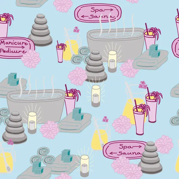 Buharlı bir banyoda, içinde meyve içecekleri, taşlar ve havlular olan lüks, pembe ve gri bir kaplıca tatili ev ya da oda dekorasyonu, yorgan ve giysi kumaşları ya da kağıt parçası için mükemmel, kusursuz bir desen oluşturur.