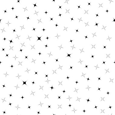 Beyaz zemin üzerinde yüzen siyah ve beyaz yıldızların tasarımı ev ya da oda dekorasyonu, yorgan ve giysi kumaşları ya da kağıt ürünleri için harika kusursuz bir desen oluşturur..