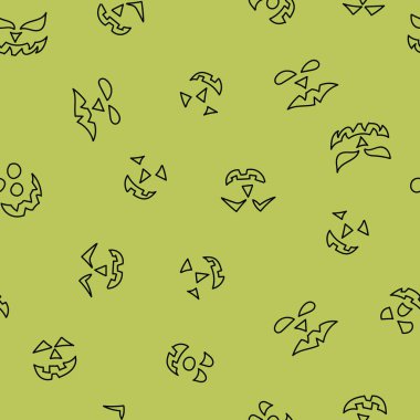 Siyah çizgili sanat eseri kriko-fener yüzleri cadılar bayramı yeşil arka planında yön değiştirerek ev dekorasyonu, yorgan ve giysi kumaşları ya da kağıt ürünleri için mükemmel bir iz bırakıyor..