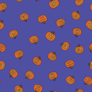 Ürkütücü balkabağı fenerleri Cadılar Bayramı mor arka planında yönsüz bir desen oluşturarak ev dekorasyonu, yorgan ve giysi kumaşları ya da kağıt ürünleri için mükemmel bir iz bırakıyor..