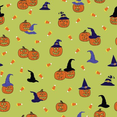 Cadılar Bayramı yeşil arka planında ürkütücü balkabağı fenerleri, şeker ve cadı şapkaları ev dekorasyonu, yorgan ve giysi kumaşları veya kağıt ürünleri için kusursuz bir baskı yaratıyor..