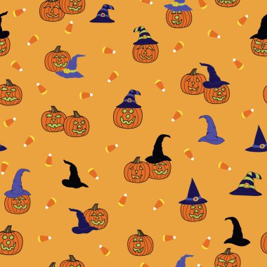 Cadılar Bayramı balkabağı turuncusu arka planda tuhaf balkabağı fenerleri, şeker ve cadı şapkaları ev dekorasyonu, yorgan ve giysi kumaşları veya kağıt ürünleri için mükemmel kusursuz bir baskı yaratıyor..