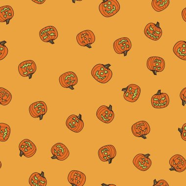 Cadılar Bayramı balkabağı turuncu arka planında yönsüz bir desen oluşturan ürkütücü balkabağı fenerleri ev dekorasyonu, yorgan ve giysi kumaşları veya kağıt ürünleri için mükemmel bir iz bırakıyor..