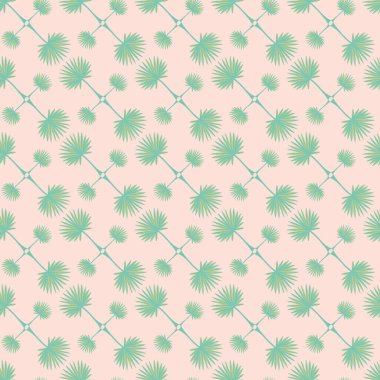 Bir pastel şeftali arkaplan üzerinde yumuşak bilge yeşil fan palmiye yaprakları ev dekoru, yorgan ve giysi kumaşları veya kağıt ürünleri için harika desensiz bir desen baskısı üzerinde bir Pastel Springs tarzı geometrik düzen.