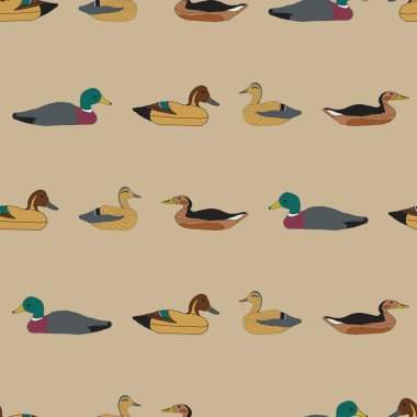 Eskitilmiş ördekler, haki rengi bir arka planda yatay çizgili yaban ördekleri gibi ev dekorasyonu, yorgan ve giysi kumaşları ya da kağıt ürünleri için kusursuz bir iz bırakır..