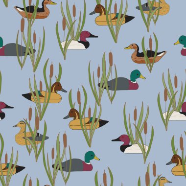 Gökyüzü mavisi arka planda ördekler gibi eski püskü ördekler ev dekorasyonu, yorgan ve giysi kumaşları ya da kağıt ürünleri için kusursuz bir iz bırakır..