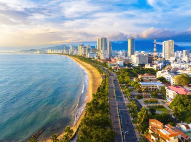 The coastal city of Nha Trang seen from above in the morning, beautiful coastline. This is a city that attracts to relax in central Vietnam