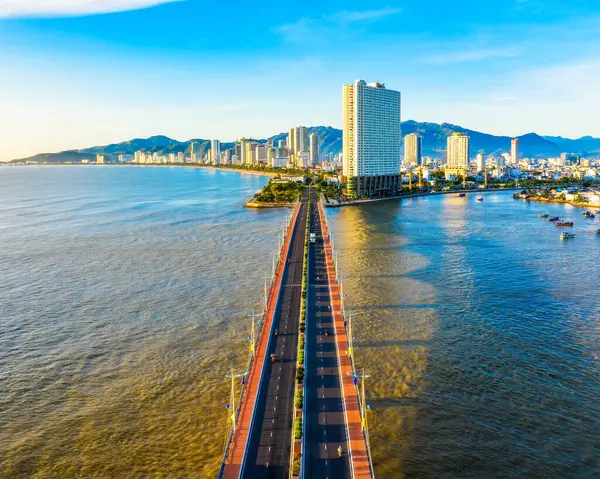 The coastal city of Nha Trang seen from above in the morning, beautiful coastline. This is a city that attracts to relax in central Vietnam