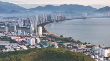 The coastal city of Nha Trang seen from above in the morning, beautiful coastline. This is a city that attracts to relax in central Vietnam