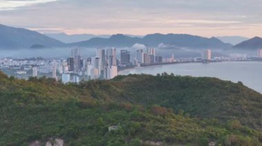 The coastal city of Nha Trang seen from above in the morning, beautiful coastline. This is a city that attracts to relax in central Vietnam