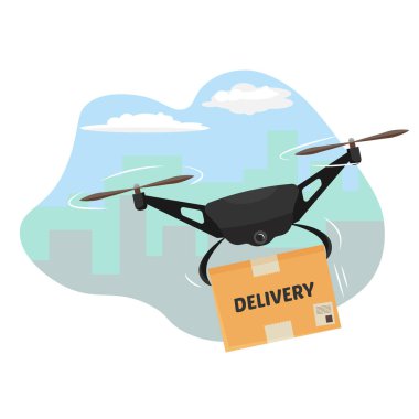 Drone teslimat servisi. İHA bir paket taşıyor.. 