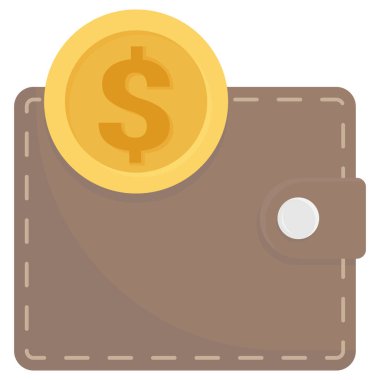 Cüzdan ve üzerinde dolar sembolü olan altın sikke. Çizgi film biçimi