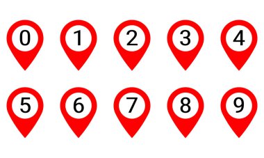 Numaralı konum simgeleri. 0 'dan 9' a kadar sayılara sahip kırmızı konum işaretleyicileri kümesi