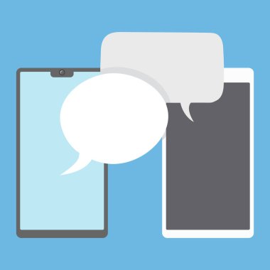 Konuşma baloncuklu telefonlar. Yuvarlak ve dikdörtgen mesaj baloncuklu iki akıllı telefon. Vektör illüstrasyonu, EPS10