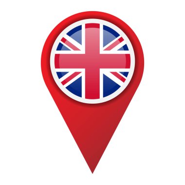 Üzerinde Büyük Britanya bayrağı olan lokasyon rozeti. Beyaz arkaplanda izole edilmiş parlak konum pin imleci.
