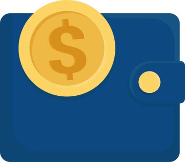 İki katlı mavi cüzdan ve dolar sembollü altın para. Şeffaf arkaplanda vektör simgesi. EPS10