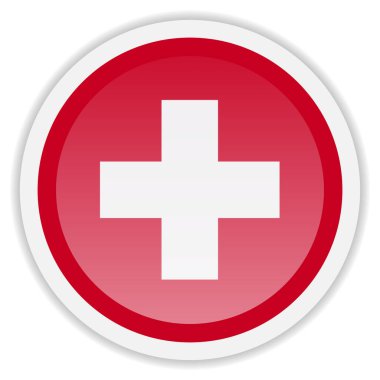 Beyaz arka planda İsviçre bayrağı simgesi. Altında gölge olan yuvarlak vektör simgesi. Mobil uygulamalar, UI ve web tasarımı için en iyisi