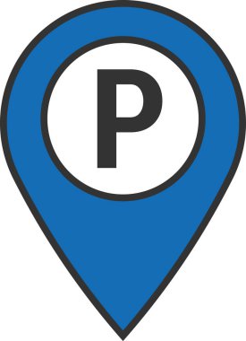 Park yeri şifresi. Üzerinde siyah çizgiler ve park sembolü olan mavi lokasyon rozeti. Mobil uygulamalar, UI ve web tasarımı için vektör simgesi