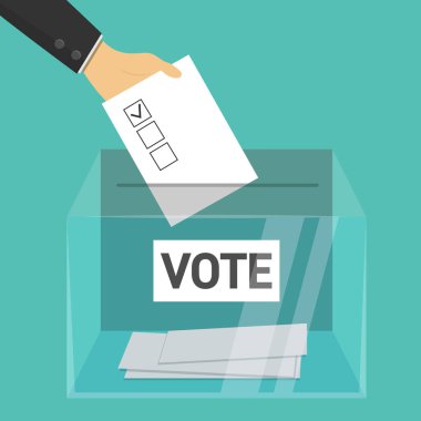 Oylama konsepti. Çizgi filmdeki el, cam oy sandığına kağıt koyuyor. EPS10