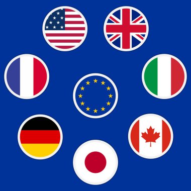 G7 ülkeleri ve Avrupa Birliği bayrakları. Altında gölgeler olan yuvarlak bayrak simgeleri. 