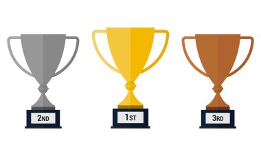 Kulplu kupa kupaları. Beyaz arka planda izole edilmiş altın, gümüş ve bronz bardaklar. Düz vektör illüstrasyonu, EPS10