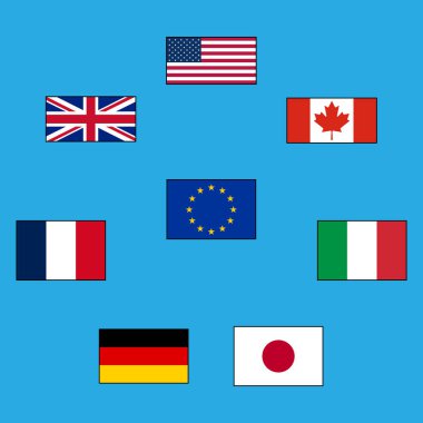 G7 ülkeleri ve Avrupa Birliği bayrakları. Siyah çizgili dikdörtgen bayrak simgeleri