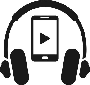 Kulaklık ve ekranında çalma tuşu olan akıllı telefon. Ses veya görüntü çalma işlevselliğini temsil eden basit simge