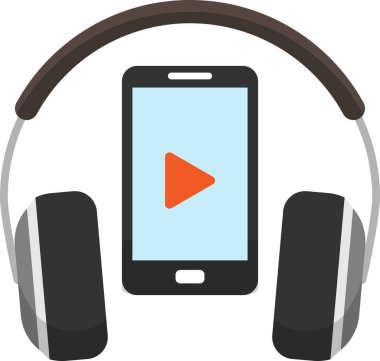 Kulaklık ve ekranında çalma tuşu olan akıllı telefon. Ses veya görüntü çalma işlevselliğini temsil eden renkli illüstrasyon