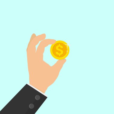 Üzerinde dolar işareti olan bir altın sikke tutan bir takım elbise verin. Düz bir şekilde vektör illüstrasyonu. Para, finans veya zenginlik kavramı