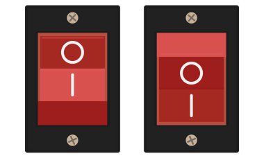 Kırmızı gösterge düğmeli rockçı anahtarı. Açılıp kapanan konumlarda anahtarlar. Vektör illüstrasyonu, düz biçim