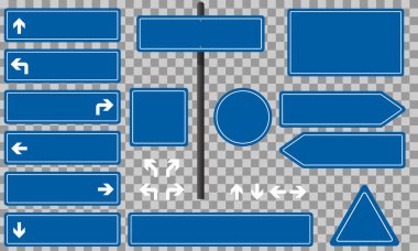 Yol işaretleri. İşaretli arka planda çeşitli şekillerde mavi yol işaretleri. Özelleştirilmiş metin veya semboller için boş işaretler. Vektör illüstrasyonu, EPS10