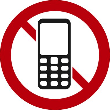 Cep telefonu yasaklama işareti yok. Kırmızı çizgili daire ve siyah resimli cep telefonu. Kütüphaneler, tiyatrolar veya belli çalışma ortamları için vektör işareti