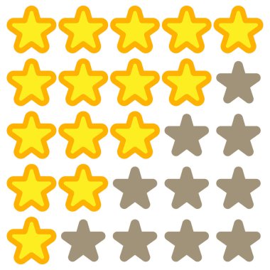 Parlak yıldızlı puanlama sistemi 1 'den 5' e kadar. Çizgili düz yuvarlak yıldız simgeleri. Mobil uygulamalar, UI ve web siteleri için vektör simgeleri