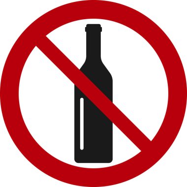 Alkol yasağı işareti ve içki yasak. Şişeli vektör işareti ve kırmızı çapraz daire