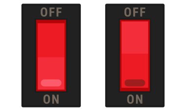 Kırmızı düğmeli rocker şalteri ve açık / kapalı etiketleri. Elektrik illüstrasyonları veya kontrol şemaları için vektör görüntüsü. Düz biçim