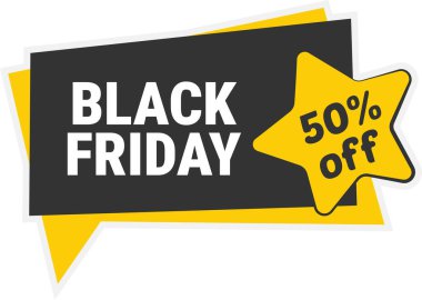 Şeffaf arkaplanda Kara Cuma afişi. Sarı yıldızlı ve indirimli metinli satış elemanı