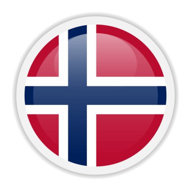 Üzerinde Norveç bayrağı olan parlak bir ikon. Beyaz arkaplanda izole edilmiş yuvarlak vektör simgesi