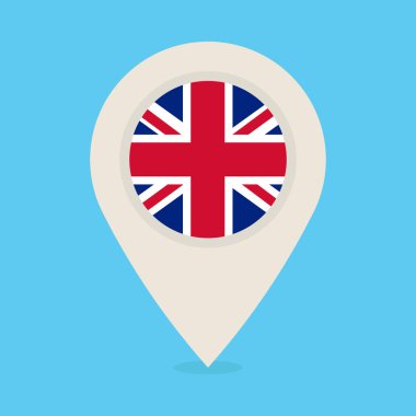İngiliz bayrağının olduğu yer belirleyicisi. Mavi arkaplanda krem renkli lokasyon iğnesi var. Mobil uygulamalar, UI ve web tasarımı için düz vektör simgesi