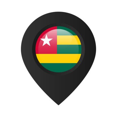 Togo bayrağının olduğu lokasyon rozeti. Beyaz arkaplanda siyah harita işaretleyici izole edildi